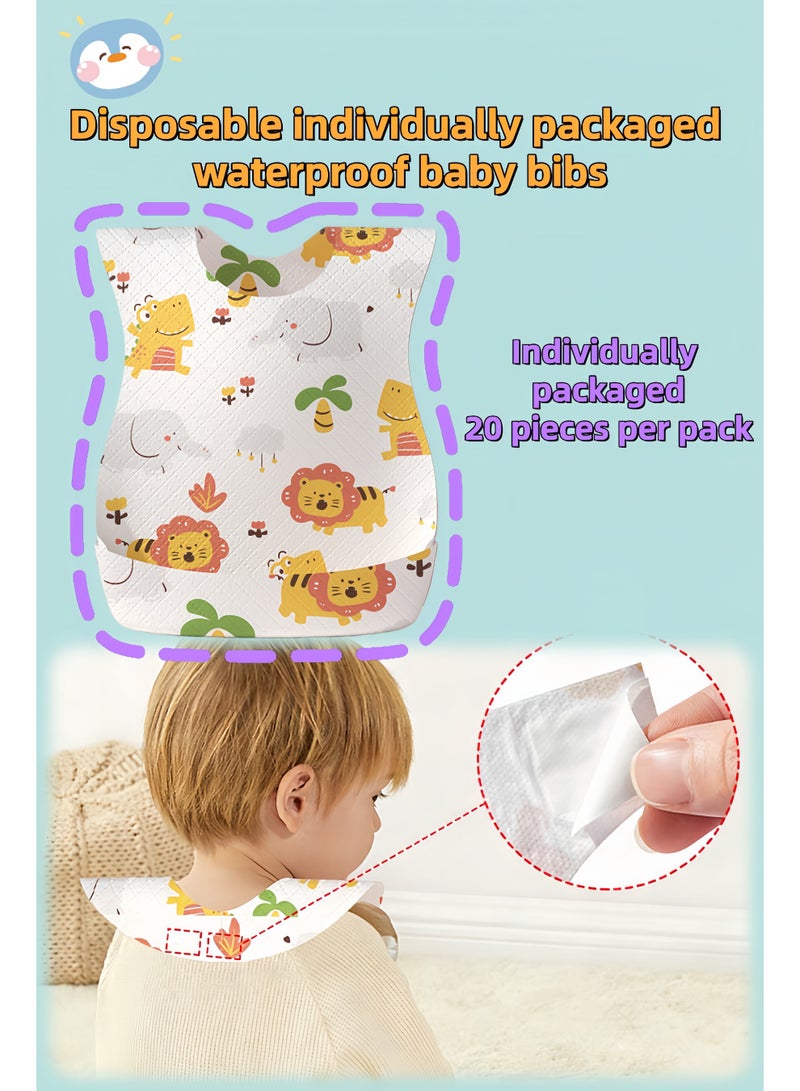 20 individually wrapped disposable animal jungle baby bibs, no washing required, suitable for babies 3 months and older. The 24x34 cm wide opening effectively prevents leaks, and the adjustable neck design provides double protection. - Image 1